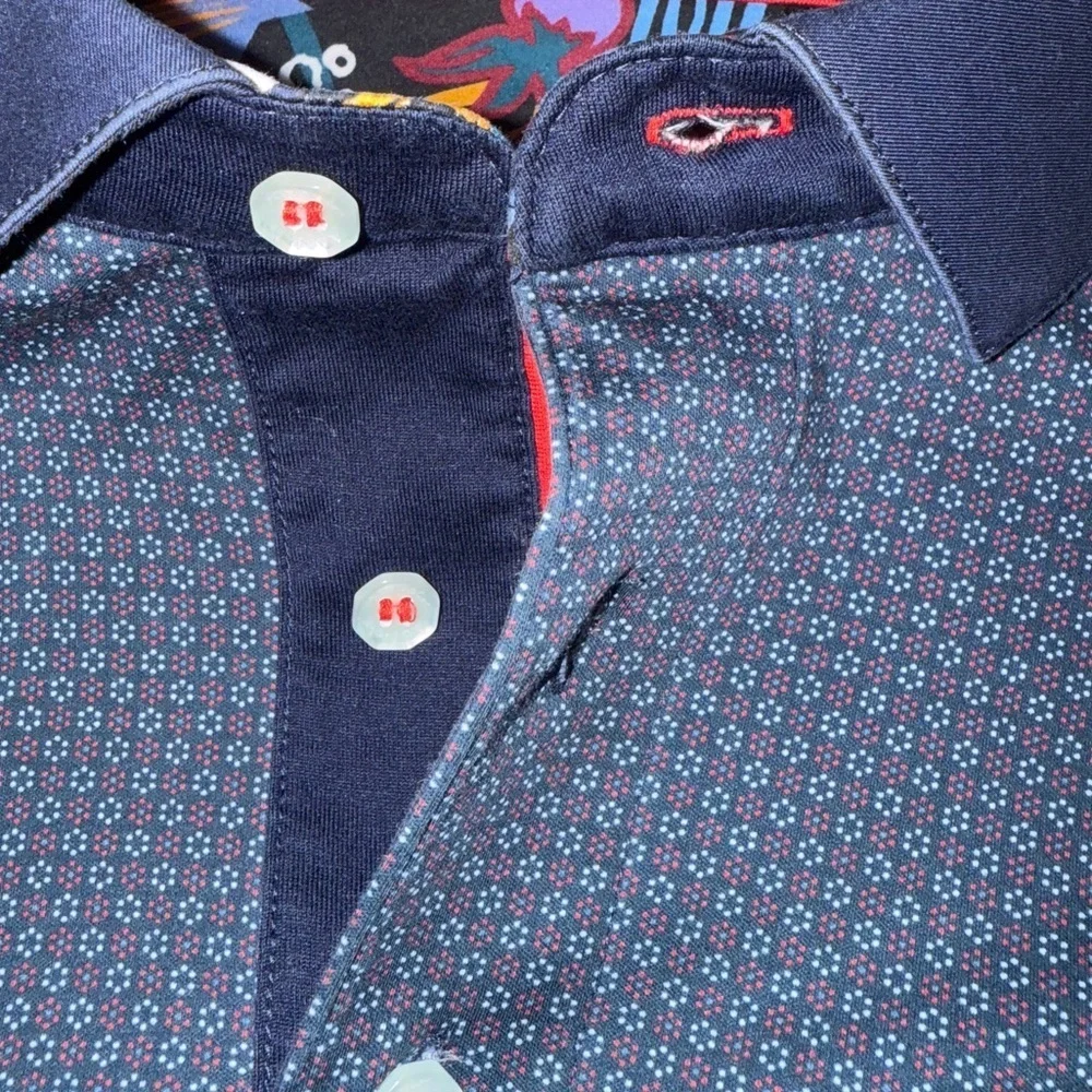 Au Noir 2XL Mercerised Cotton Shirt – Navy Geometric Button-Up w/ Contrast Trim